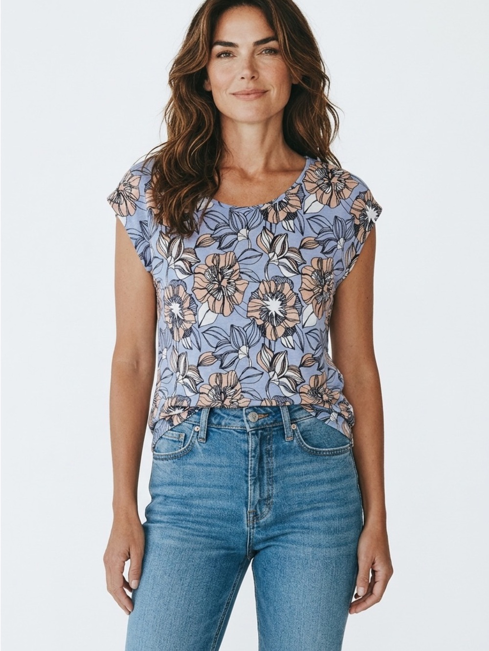 CONTEMPORAINE  linen Floral Cap-Sleeve Top in Lavender and Peach size small